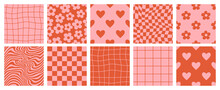 Groovy Lovely Backgrounds. Love Concept. Happy Valentines Day Greeting Card. Funky Pattern And Texture In Trendy Retro 60s 70s Cartoon Style. Vector Seamless Pattern In Pink Red Colors.