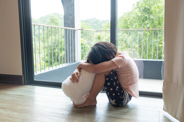 Wall Mural - mother hit her kid, children crying, feeling sad, young girl unhappy, family violence concept, selective focus and soft focus