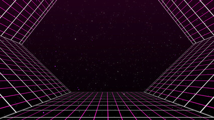 Wall Mural - retro style 80s video game background. futuristic grid landscape of the 80s. digital cyber surface. 