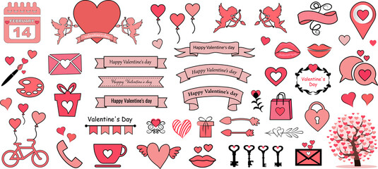  Hand drawn doodle Love collection, illustration Sketchy icons. Big set for Valentine's day, Mothers day, wedding, love and romantic events. Frames, vintage design elements.