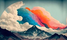 Beautiful Fabric Mural Wallpaper, Mountain Peaks Peeking Through The Clouds, Silhouettes Of Clouds Landscape