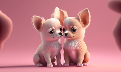 Wall Mural - Two cute dogs in love on pink empty background. Puppys celebrating Valentine’s Day. Pets close to eachother in cartoon style. Fictitious generative Ai