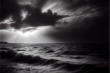 Black And White Seascape, Ideal For Marine Backgrounds With Lots Of Copy Space, Generative AI