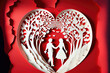 Romantic wedding couple in love as paper cut craft for Valentine's Day (Generative AI)