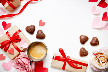 Wall Mural - valentine's day composition layout with holiday decorations hearts and gifts, candies and coffee isolated on white background. 14 february concept. top view. copy space