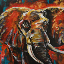 A Big Gray-red Elephant On A Red Background. Watercolor Painting Of An African Elephant At Sunset