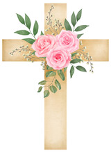 Easter Cross Flower And Leaf,Pink Rose Flower,Green Leaves,Eucalyptus Leaf.Happy Easter,Jesus Cross.Watercolor Illustration Clipart On White Background For Easter Day Invitation Card.