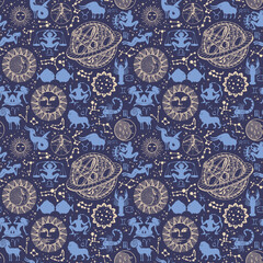 Wall Mural - Abstract seamless pattern with zodiac signs, horoscope symbols, sun, moon, stars, constellations and Ptolemaic Geocentric System. Decorative vector background in cartoon style