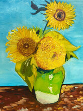 Oil Painting. Sunflowers On A Blue Background 
