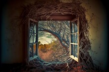 Open Window In Abandoned House Overgrown With Tree Branches