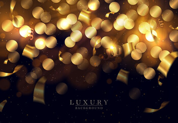 Wall Mural - Circles and ribbons in golden color with a bright flash on a black background.