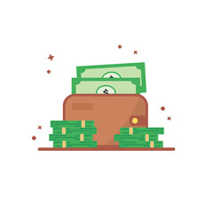 Brown wallet icon, two bills and a pile of money. Business and finance icon concept white isolated. Flat cartoon style suitable for web landing page, banner, symbol or sign