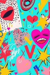 Pop art backgrounds, colorful, bright neon colors, collage of hearts, love elements and symbols. A fusion of contemporary art and old fashioned style. Blue background. Illustration. Generative AI.