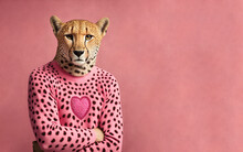 Pastel Pink Illustrated Portrait Of A Leopard Standing And Posing In An Animal Leopard Print Sweater. Abstract Half Animal Half Man. Illustration. Generative AI.