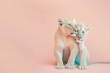 A Cute, Little Two Baby Lions Hug Each Other, A Symbol Of Love. Pastel, Creative, Animal Concept. Valentine's Day, King Of Animals Couple In A Pet Relationship. Illustration. Generative AI.