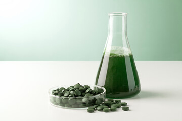 Spirulina medium in conical flask with green algae pills on table with green background.