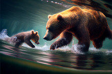 Mother Bear Together With Bear Cub Is Looking For Fish In River..