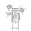 hand drawn doodle reading news on mobile phone illustration vector