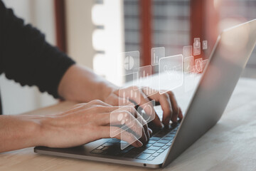 Concept with dev ops icon on computer screen and project manager, coder or sysadmin typing on keyboard, high software qualityDevOps concept, software development, IT operations, agile