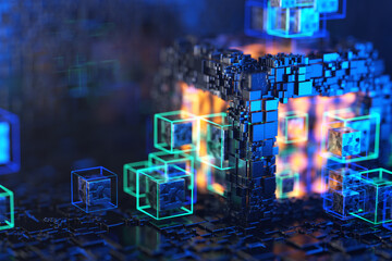 Wall Mural - Blockchain technology. concept of a quantum computer. Abstract technological background from blocks.Quantum computing. Qubit. 3d render.