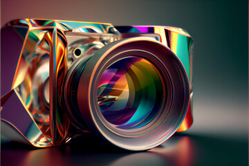 Poster - Beautiful camera aperture lens with multi colored shine glass reflection.