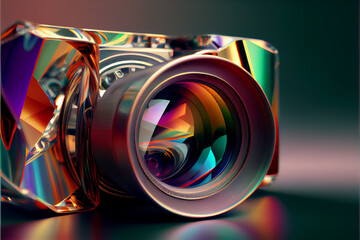 Poster - Beautiful camera aperture lens with multi colored shine glass reflection.