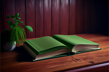 Wall Mural - Old book on a red wooden table. Background of green wall.	
