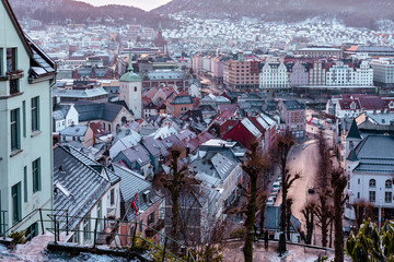 Wall Mural - Bergen view from path to Mount Floyen at winter time.  Bergen, Norway, UNESCO World Heritage Site.