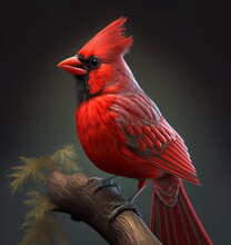 Cardinal Bird On A Tree Limb, Gray Background, Illustration Created With Generative AI Technology  