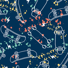 Wall Mural - Hand-drawn skateboarding seamless pattern. Skate background texture. Skateboarding doodle illustration. Vector seamless repeat pattern.