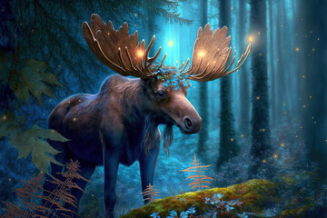 Wall Mural - Magic moose  in fairy forest. Spirit of the forest. Digital art