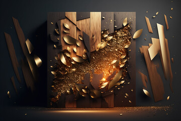 Wall Mural - Wood is combined with precious stones, opal, gold, metal. Abstract background in brown and gold colors. Gen Art	