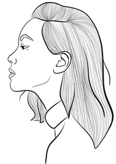 Wall Mural - Illustration d’un portait d’une jeune femme asiatique vu de profil, ces cheveux mi-courts sont d’avantage plus détaillée. Dessin simple trait noir. Image lier à la femme, icône de marque de luxe