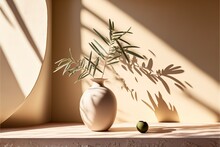 Modern Summer Still Life Photo, Beige Ball Shaped Vase With Green Olive Tree Branch In Sunlight With Long Shadows, Ai Generated
