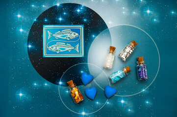 Wall Mural - zodiac sign Pisces with magic bottles and hearts and with stars like romantic astrology and love and Valentine concept 