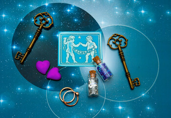 Wall Mural - zodiac sign Gemini with magic bottles and hearts and with stars like romantic astrology and love and Valentine concept 
