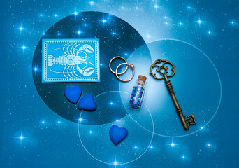 Wall Mural - zodiac sign Cancer  with magic bottles and hearts and with stars like romantic astrology and love and Valentine concept 