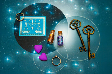 Wall Mural - zodiac sign Libra  with magic bottles and hearts and with stars like romantic astrology and love and Valentine concept 