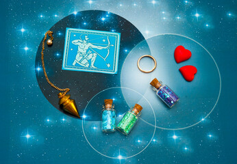 Wall Mural - zodiac signSagittarius with magic bottles and hearts and with stars like romantic astrology and love and Valentine concept 
