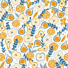 Bright summer seamless pattern with fruits - figs and apples, oranges and pears in cartoon style