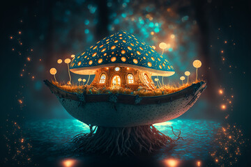 Wall Mural - sparkle boat in the lagoon of mushrooms, magic, fantastic Generative AI