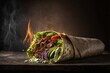 Turkish doner kebab on golden toasted pita bread isolated on black background,space for text,generative ai