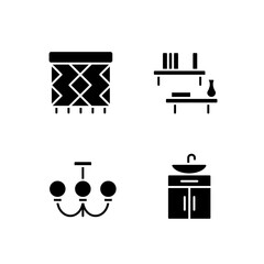 Sticker - Home decor and furniture black glyph icons set on white space. Ceiling light. Floating shelf. Rug pad. Wash stand. Accessories. Silhouette symbols. Solid pictogram pack. Vector isolated illustration