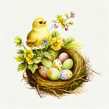 Vintage Style Easter Chick On Nest With Easter Eggs And Flowers, Generative Ai