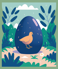 Easter Egg With Bird, Chick, Green, Blue, Leaves, Flat Design Print, Generative Ai