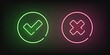 © Pavlo - Checkmark and cross neon vector illustration. Yes or no check icon glowing light. Approve and reject on dark background.