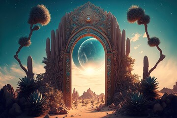 Wall Mural - illustration of ancient rock gate open to other world, other dimension	
