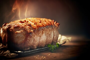 Wall Mural - illustration close up of baked pork with garlic with smoke