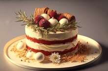 Illustration Of Beautiful Cake Well Garnished , Premium Bakery, Flowers Berries