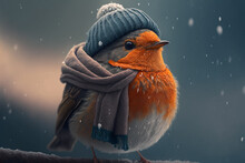 Cute Robin In A Hat While Snowing. Generative Ai. 